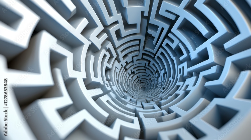 Poster abstract light gray 3d maze tunnel complex spiraling pathways