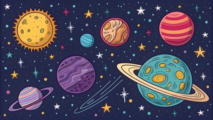 Stylized planets galaxy sticker set colorful