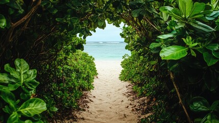 A sandy pathway leading to a hidden beach, framed by lush greenery, summer vacation copy space.