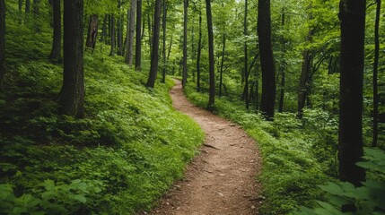 Fototapeta premium A scenic hiking trail winding through a lush green forest, inviting adventure, open copy space.