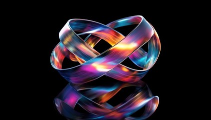 Intertwined iridescent metallic rings reflecting on black background.