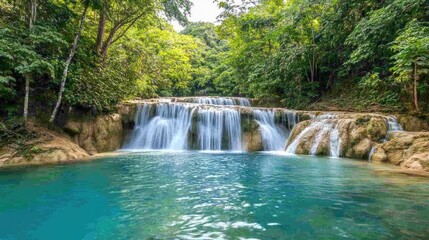 Fototapeta premium A scenic waterfall deep in the forest, mist rising from the pool below, perfect nature escape with copy space.