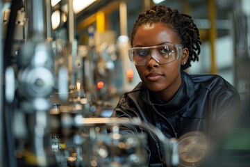Portrait of an African American female engineer confidently operating machinery in an industrial setting while wearing a protective uniform.