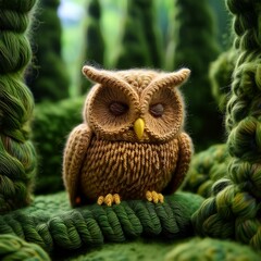 Fototapeta premium Cute knitted owl toy, detailed yarn texture, forest background, green leaves, soft lighting, macro photography