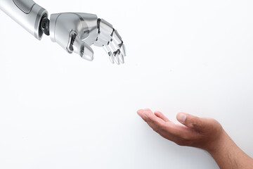 Close-Up of Human Hand Grasping a Robot Hand over white background concept for Digital Transformation,Futuristic Tech Interaction,Artificial Intelligence, Future Technology.