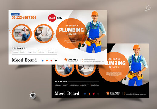Plumbing Moodboard Layout With Dark & Light Accents