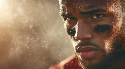 a close up of a man with a red shirt
