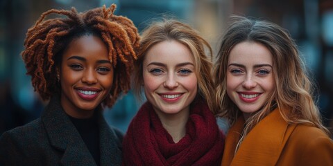 A vibrant and dynamic portrait of three women standing closely, showcasing joyful expressions and diverse styles, exuding camaraderie and positivity in an outdoor urban setting.