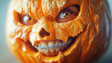 A carved Halloween pumpkin with braces, smiling cheerfully and showing off its nice teeth against a neutral background, promoting dental health care