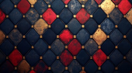 A patterned wall with gold and red squares