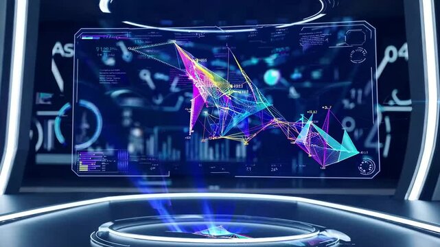 A transparent holographic screen displays a dynamic data chart in slow motion, showcasing futuristic analytics. The footage emphasizes digital innovation, ideal for tech, finance, or sci-fi visuals.
