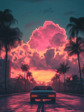 Retro 80s car driving through miami at sunset &ndash; nostalgic synthwave cityscape illustration