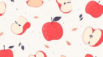 Red apple slices pattern, autumn leaves background, food illustration, website design