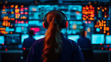 female security guard in uniform with headphones monitors control room filled with screens displaying data and alerts. atmosphere is focused and high tech
