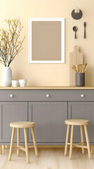 Modern Kitchen Illustration: Cabinets, Stools, and Decor