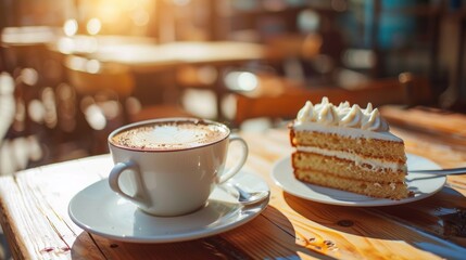 Sunny Morning Coffee Break: Indulge in a Creamy Cake and Aromatic Cappuccino
