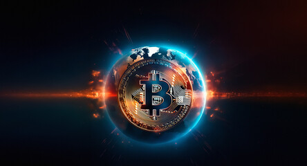 Fototapeta premium A Bitcoin symbol is centered in a glowing globe, radiating orange and blue light on a dark background, representing digital currency.