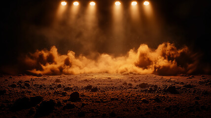 large dirt arena with smoke and spotlights illuminating dust clouds, creating dramatic atmosphere. scene evokes excitement and anticipation