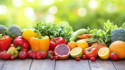 Close-up of vibrant fresh vegetables and fruits on wooden table, symbolizing healthy blood pressure foods, emphasizing natural nutrition and wellness.
