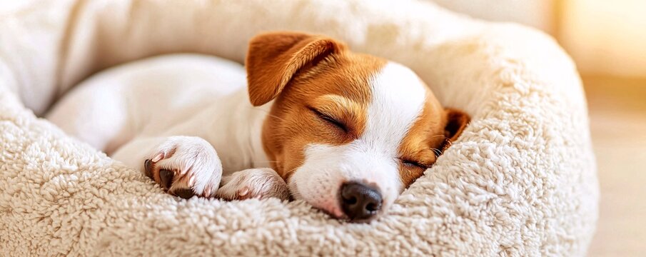 National Puppy Day Concept. Cute Sleeping Puppy in Cozy Dog Bed