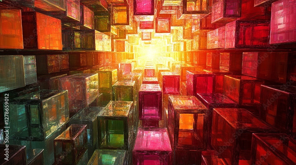 Poster light emanates through colorful cubes creating a mesmerizing abstract tunnel experience