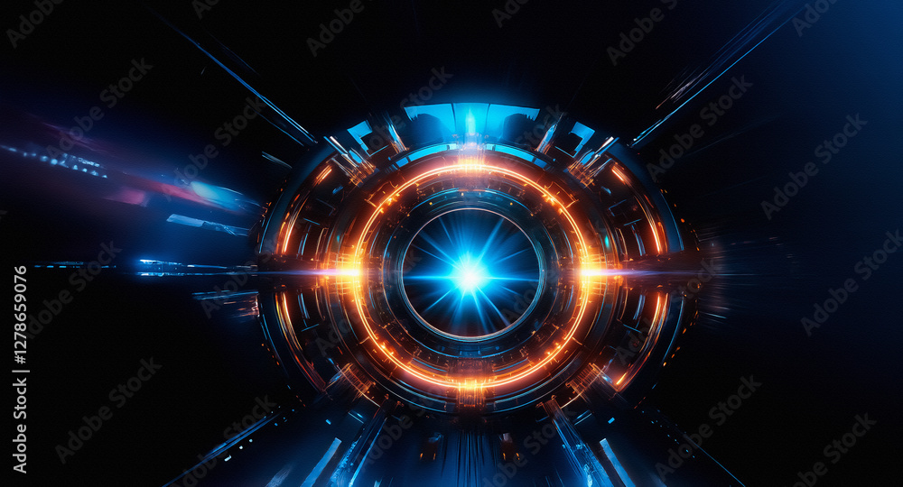 Poster abstract digital art featuring a bright glowing circle with orange and blue lights against a dark ba