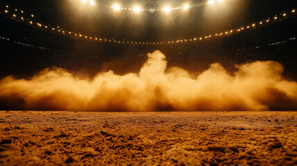 large round arena filled with smoke and lights, showcasing dusty dirt surface. atmosphere is intense and dramatic, capturing excitement of live event