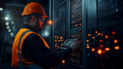 man in high visibility vest and hard hat is working on control panel, focused on his tablet. environment is industrial, with glowing lights and machinery