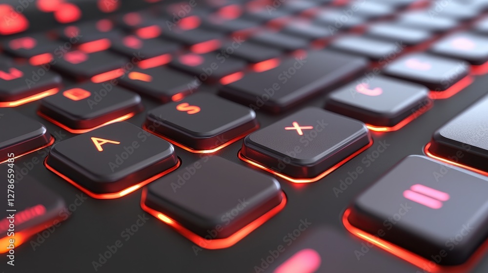 Poster close up illuminated red keyboard keys dark gray background