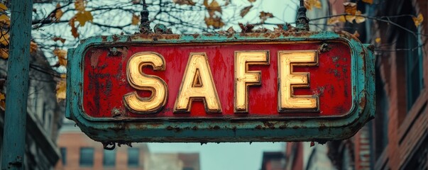 An Old Neon "SAFE" Sign in a Rustic Urban Setting; Showing Wear and Tear With Rust, Surrounded by Autumn Leaves Against a Backdrop of Distinctive Architecture