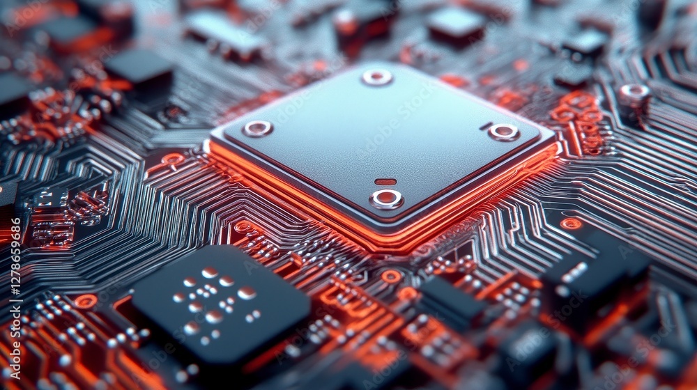 Poster close up of circuit board with glowing orange processor