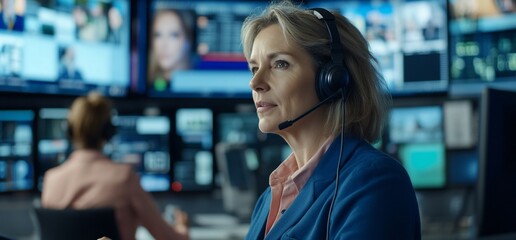 Woman in control room monitoring multiple screens