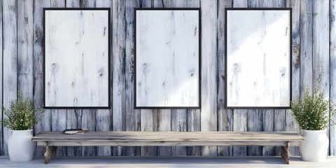Rustic Wooden Bench with Triptych Artwork