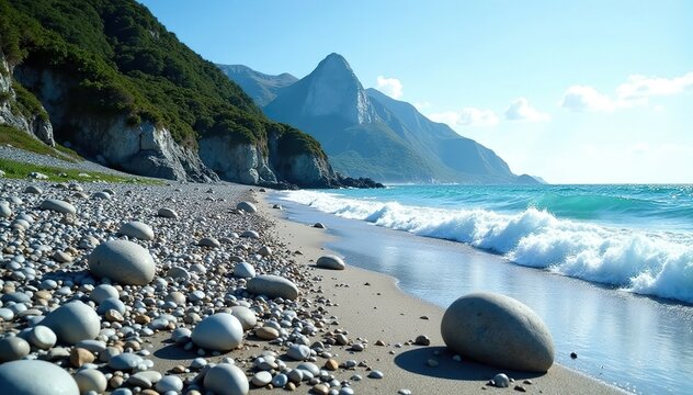 Plage de galets recouverts par un glacier naturel, rocher, ciel bleu, naturalement