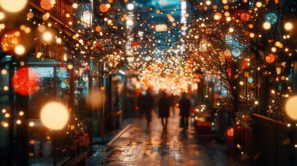 Festive night street, warm lights, blurred people walking.
