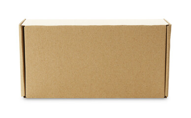 One closed cardboard box isolated on white. Mockup for design