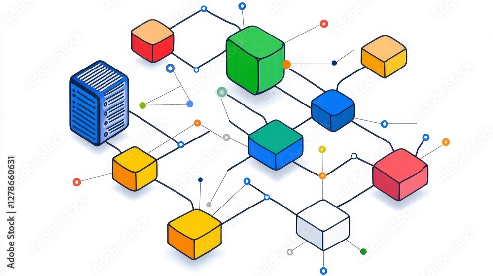 Poster colorful interconnected cubes and server data network abstract illustration