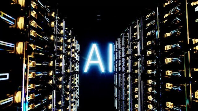 A glowing AI text hovers at the center, illuminating a dark GPU server room. The scene conveys advanced AI processing and deep learning power. Tech AI startups, futuristic visuals.
