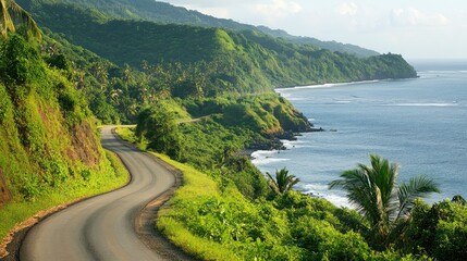 Fototapeta premium A winding coastal road with breathtaking ocean views, road trip adventure concept with copy space.
