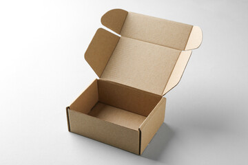 One open cardboard box on white background. Mockup for design