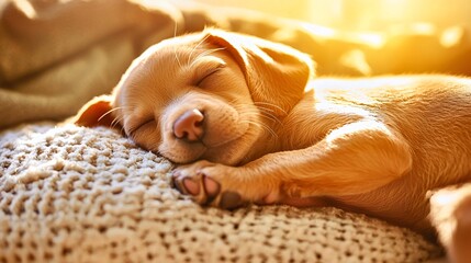 National Puppy Day Concept. Sleeping Puppy on Cozy Blanket in Soft Light