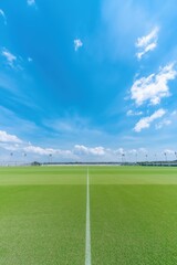 A field of green grass with a white line down the middle. The sky is blue with a few clouds