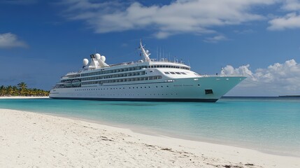 Bright white cruise ship docked at an exotic island with crystal-clear waters, fresh and open copy space.