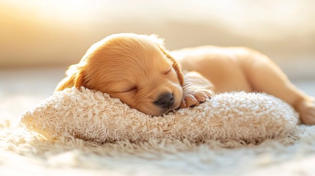 National Puppy Day Concept. Cute Golden Puppy Sleeping on Soft Pillow