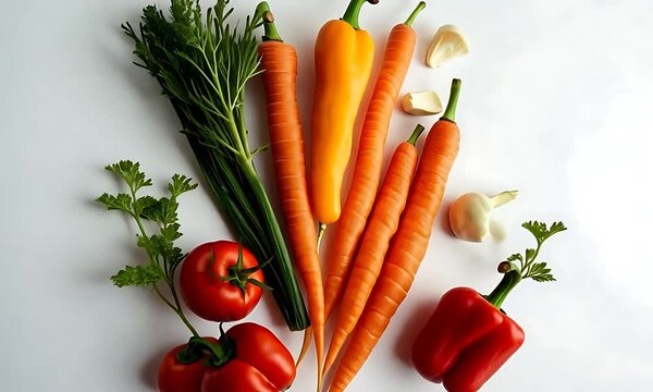 Fresh vegetables including carrots, peppers, tomatoes, and garlic arranged artistically on a white background