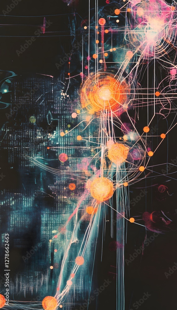 Poster abstract depiction of a network with glowing nodes and connections