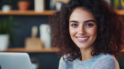 Close up portrait of young beautiful woman smiling while working with laptop in office.