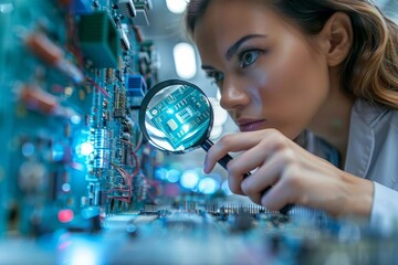 Young African American woman examining electronic components in quality control laboratory using magnifying glasses.