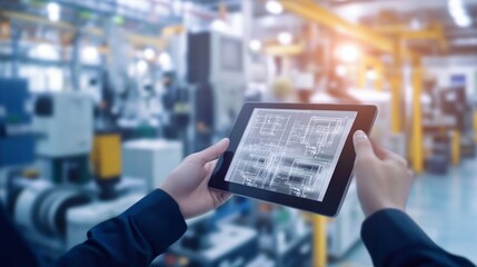 Smart industry control concept.Hands holding tablet on blurred automation machine as background