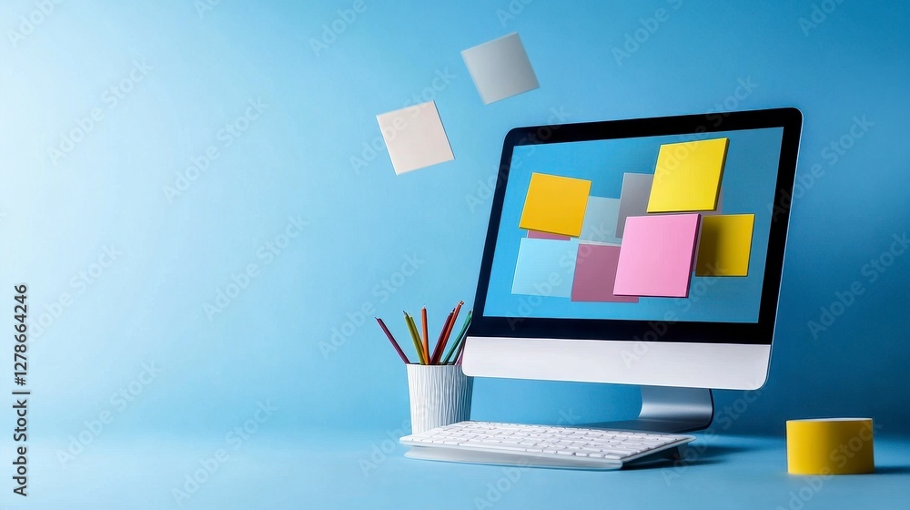 Poster floating sticky notes on computer screen, creative office workspace